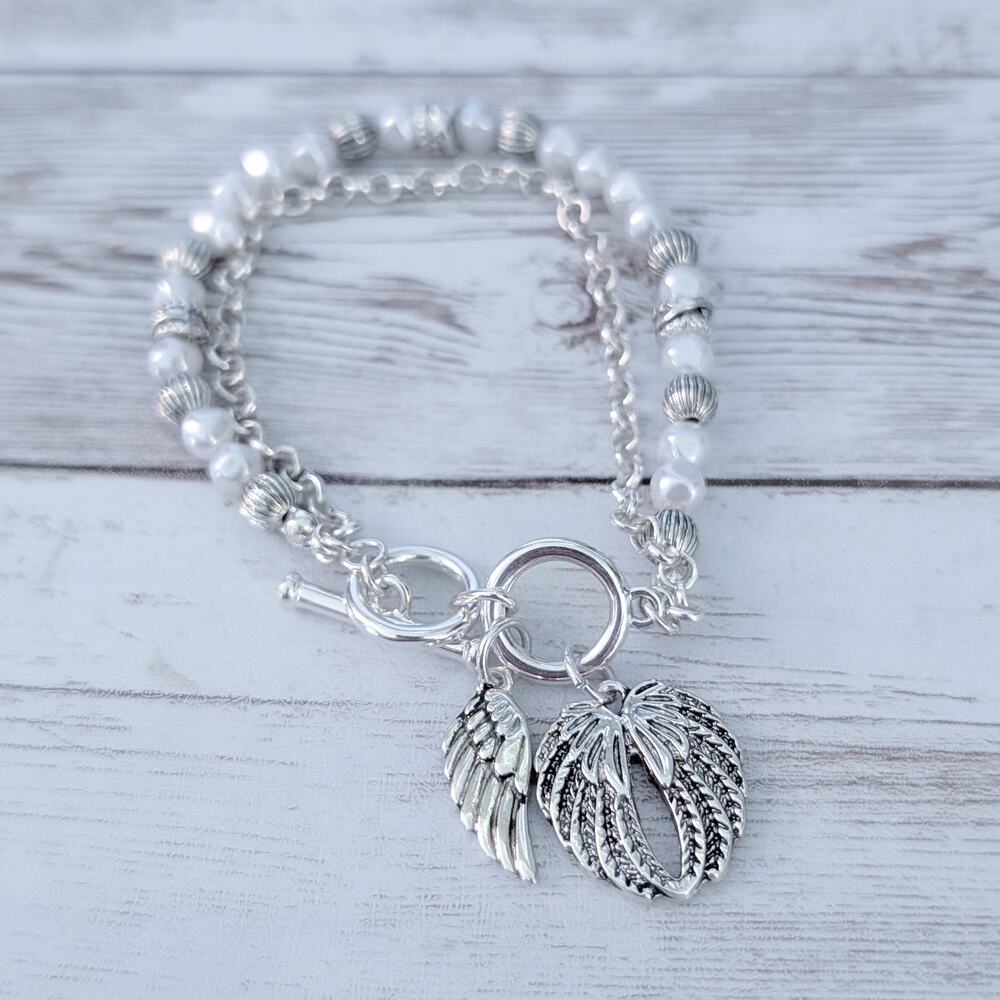 Angel Wings Bracelet - Faux Pearl & Silver Tone